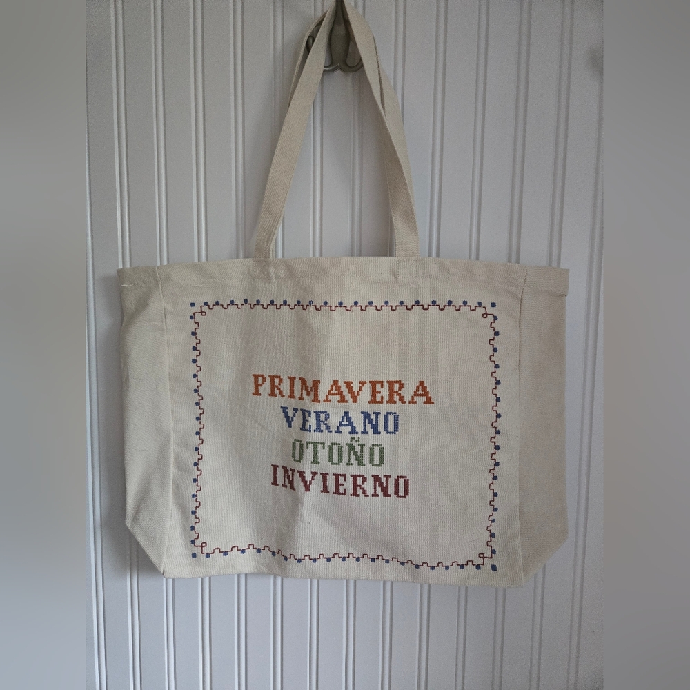 Sezane Cream Canvas Tote with Multicolor Text